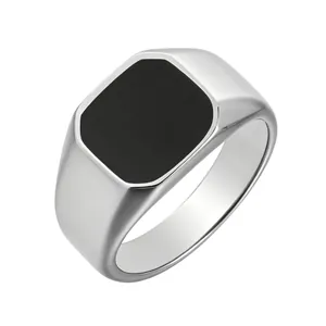 Men Titanium Steel Signet Ring Minimalist Square Black Enamel Polished Finish Individual Fashion Accessory Finger Ring For Men