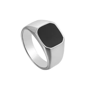 Minimalist square black signet ring for men made of durable polished stainless steel