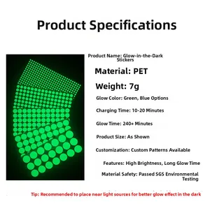 Detailed specifications of PET luminous dot wall stickers showing 240+ minutes glow time