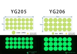 Luminous wall stickers detailing dot sizes 2.5cm and 3cm with green glow effect
