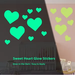 Detailed comparison of glowing heart wall stickers in light and dark bedroom settings