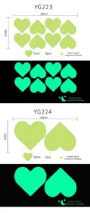 Glow in the dark heart stickers showing green fluorescence in day and night views