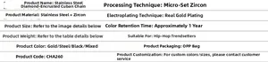 Specifications table for 12mm stainless steel iced out cuban chain with zircon details