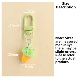 Detailed size chart for resin ice cream keychain showing hook and cone dimensions