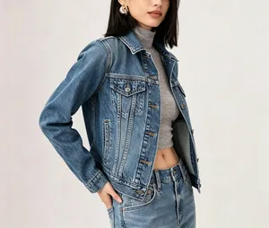 Close-up detail of blue wash denim jacket with metal buttons and stitched chest pockets