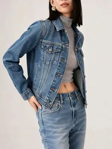Women's Vintage Washed Denim Jacket American Retro Cropped Long Sleeve Jean Coat Classic Button Up Cotton Jacket Blue Outerwear