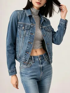 Women's vintage washed blue cropped denim jacket with classic collar and metal buttons