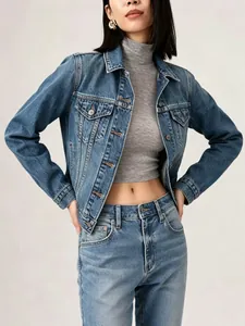 Retro blue denim jacket and straight jeans set with grey cropped top and metal buttons