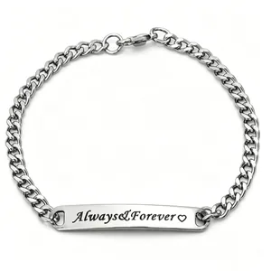 Silver stainless steel curb chain bracelet with engraved Always & Forever ID plate