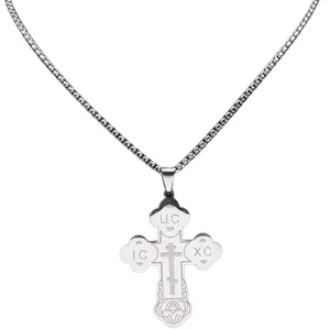 Orthodox cross pendant necklace in polished stainless steel with IC XC engravings