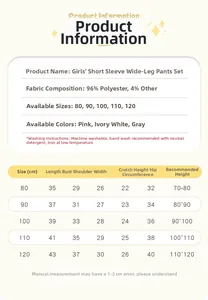Detailed size chart for girls summer short sleeve and wide-leg pants outfit set