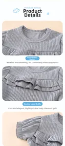 Detail of gray girls' set with ruffle design and textured pleated fabric on the collar