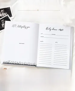 Close-up of minimalist pregnancy memory book pages with ultra-sharp floral botanical motifs