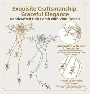 Detailed view of handmade bridal hair comb with rhinestones and long flexible tassels