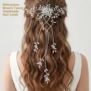Handmade Bridal Hair Comb With Long Rhinestone Tassels Gold Silver Flower Leaf Bridal Headpiece Wedding Party Accessories