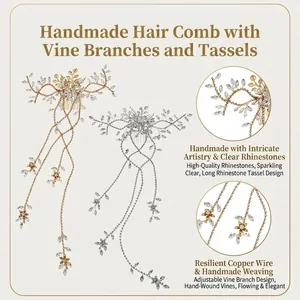 Elegant bridal hair comb with long rhinestones tassels and adjustable flower vine branch