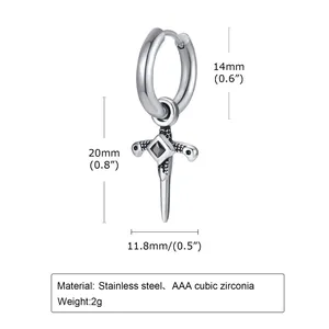 Stainless steel dagger hoop earrings with AAA cubic zirconia for men and women