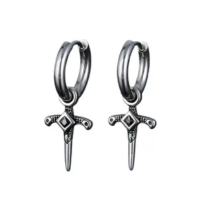 Unisex gothic dagger hoop earrings in vintage silver finish with black gemstone