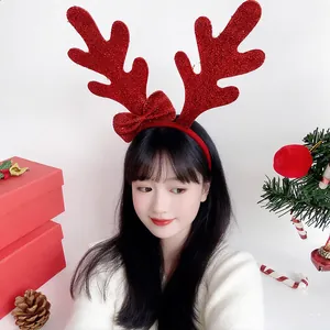 Christmas Reindeer Antler Bow Headband Glitter Sequin Hairband For Party Costume Decoration Women Girls Festival Holiday Accessory