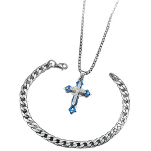Set gioielli in acciaio con collana croce in smalto blu e bracciale a maglia barbazzale