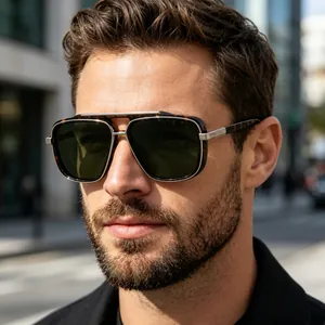 Close-up of polarized square sunglasses with tortoise frame and double bridge on a male model