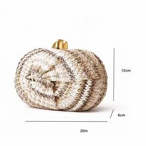 Detail view showing woven straw texture and dimensions 20cm x 12cm x 6cm for this clutch