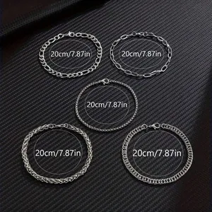 Set of 5 minimalist silver chain bracelets including Figaro and curb link designs, 20cm length