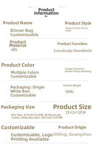Detail view showing ABS evening shell bag specifications including dimensions 23x5x12CM and 500G
