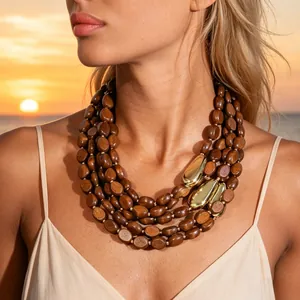Multi Layer Handmade Wood Beaded Necklace Gold Alloy Accents Retro Bohemian Maillard Style Jewelry For Women