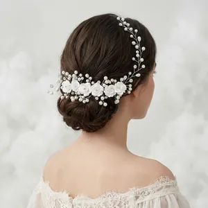 Handmade Bridal Hair Comb White Polymer Clay Flower Headpiece Silver Wire Wedding Hair Accessories For Women Party Bridesmaids