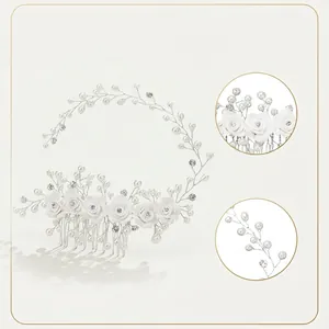 Handmade bridal hair comb with white flowers, pearls and crystals in vine shape design