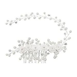 Elegant bridal hair comb with handmade white clay flowers and pearls on silver wire