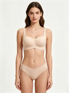 Seamless nude lingerie set with soft U-neck wireless bra and high-stretch V-shaped panties