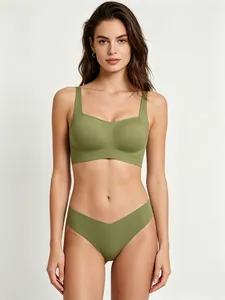 Detail of olive green seamless wireless bra and thong set with soft stretch fabric