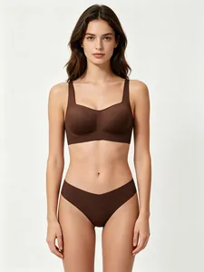 French seamless wireless bra and thong set in dark brown stretch fabric