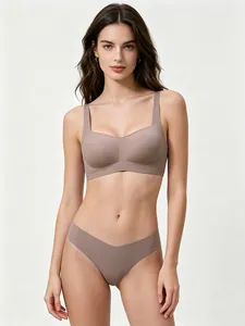 Detail view of seamless brown lingerie set featuring a square neck bra and V-shape thong