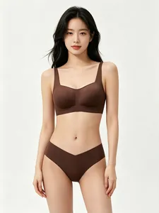 Seamless coffee brown lingerie set with soft wireless bra and V-cut matching briefs