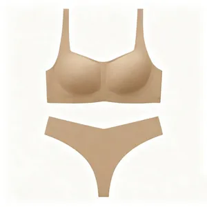 Seamless nude wireless bra and thong set with soft stretch fabric for invisible support