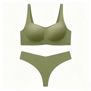 Detail view of seamless olive green lingerie set with wireless bra and thong
