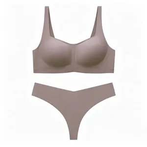 Detail view of seamless wire-free lingerie set with soft cup bra and thong in mauve