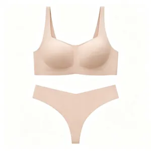 Seamless beige lingerie set with wire-free bra and thong in soft high-elastic fabric