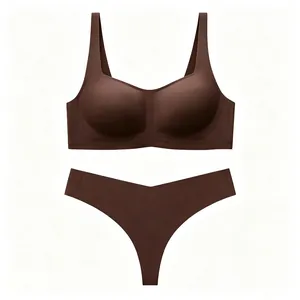 Detail of dark brown seamless wireless bra and thong set in high elastic microfiber