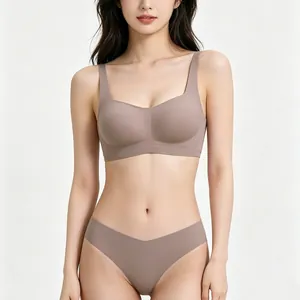 Seamless French style mocha brown wireless bra and brief set for women everyday wear