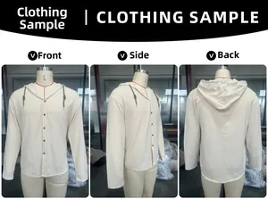 Front side and back views of a men's beige cotton hooded casual shirt with drawstrings