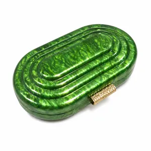 Pochette vintage en acrylique marbre vert avec fermoir doré et design ovale étagé
