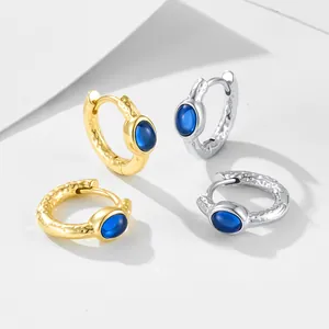 Fashion silver hoop earrings with hammer texture and blue cat-eye stone in gold and silver