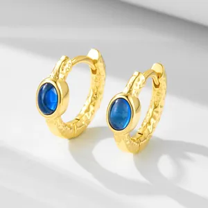 Vintage 925 Sterling Silver Hoop Earrings For Women Blue Zirconia Inlaid Hammered Texture Huggie Earrings Fashion Jewelry Gift