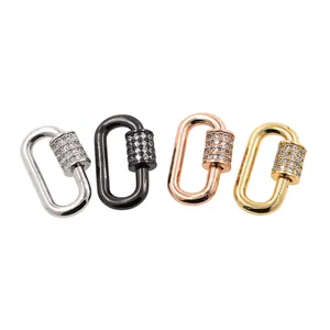 24K gold plated oval carabiner screw locks with sparkling zircon for DIY jewelry making