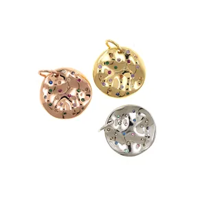 Textured round pendant set with colorful zircon stones in gold, silver, and rose gold finish