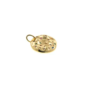 Gold round pendant with hammered texture and colorful zircon inlays for DIY necklaces